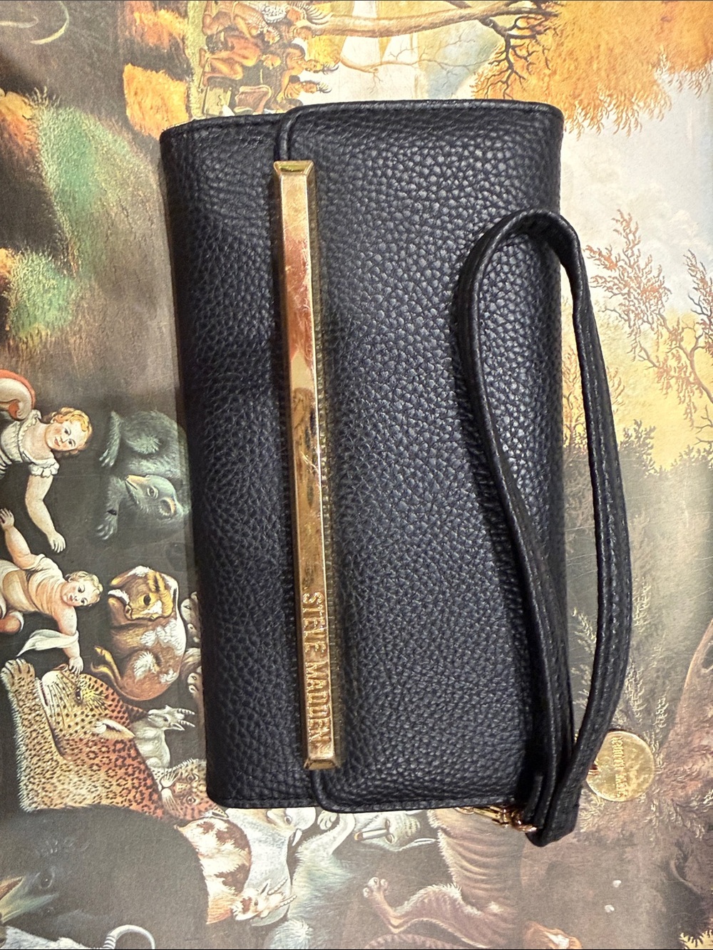 Steve Madden Black Pebbled Wristlet with Gold Bar Detail